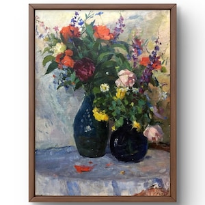 Pintura al óleo naturaleza muerta original, pintura al óleo, un brillante ramo de flores en jarrones con tonos delicados, arte hecho a mano, sin marco, arte de pared