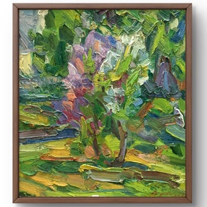 Pintura a óleo paisagem original, pintura a óleo sobre papelão, arbusto lilás cercado por natureza verde, arte feita à mão, sem moldura, arte de parede