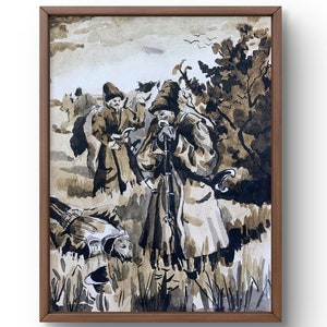 Kosaken, von denen einer über eine Tote gebeugt ist, Aquarellmalerei auf Papier, Kosaken, handgefertigte Kunst, ohne Rahmen