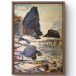 Origineel landschapsolieverfschilderij, olieverfschilderij op karton, ruig kustlandschap met vooruitstekende rotsen, handgemaakte kunst, niet ingelijst, muurkunst