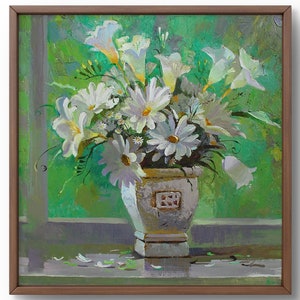 Oil painting still life original, oil painting, a bouquet of white daisies and lilies in a rustic vase, handmade art, unframed, wall art