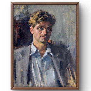 Retrato de pintura a óleo original, pintura a óleo sobre papelão, homens com características faciais expressivas em um terno, arte feita à mão, emoldurada, arte de parede