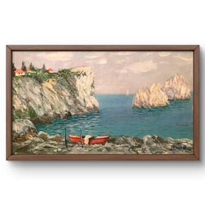 Pintura al óleo paisaje original, pintura al óleo sobre cartón, paisaje marino con dos barcos con el telón de fondo de altos acantilados y rocas, sin marco.