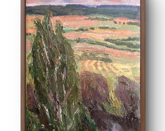 Oil painting landscape original, oil painting on cardboard, peaceful countryside with textured green foliage, handmade art, unframed
