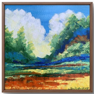 Pintura al óleo paisaje original, pintura sobre cartón, paisaje de pradera, arte hecho a mano, naturaleza, sin marco, paisaje de verano, arte de pared