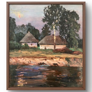 Pintura a óleo paisagem original, pintura em papelão, paisagem de aldeia, arte artesanal, natureza, sem moldura, paisagem de lagoa, arte de parede