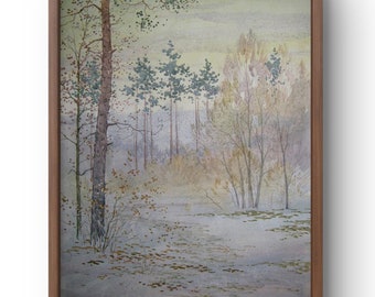 Origineel landschapswaterverfschilderij, aquarelverf op papier, winter mistig bos, pasteltinten, handgemaakte kunst, ingelijst, kunst aan de muur