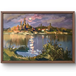 Pintura a óleo paisagem original, pintura em papelão, paisagem de rio, arte artesanal, natureza, sem moldura, paisagem de árvores, arte de parede