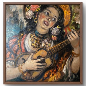 Retrato de pintura a óleo original, pintura a óleo sobre papelão, mulher expressiva tocando um instrumento musical, arte feita à mão, sem moldura, arte de parede