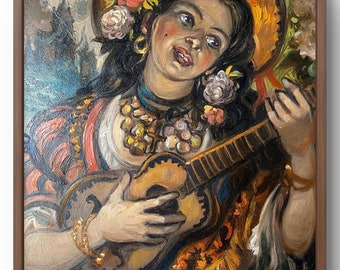 Oil painting portrait original, oil painting on cardboard, expressive woman playing a musical instrument, handmade art, unframed, wall art