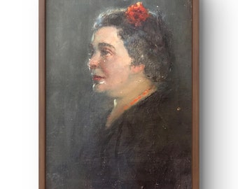 Oil painting portrait original, oil painting on canvas, female profile in soft, warm light with a flower, handmade art, unframed, wall art