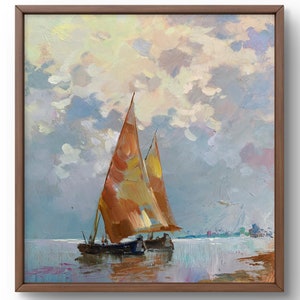 Pintura al óleo paisaje original, pintura al óleo sobre cartón, velero en aguas tranquilas, cielo con nubes, arte hecho a mano, sin marco, arte de pared
