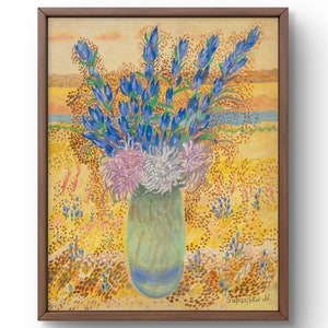 Pintura gouache naturaleza muerta original, pintura gouache, ramo brillante de flores azules y rosas en un jarrón verde, arte hecho a mano, enmarcado