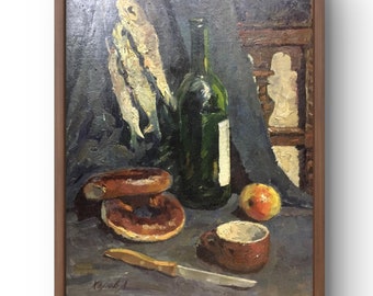 Oil painting still life original, oil painting on cardboard, still life with buns, apple, green bottle of wine, handmade art, unframed