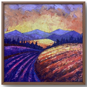 Pintura al óleo paisaje original, pintura sobre cartón, paisaje de montaña, arte hecho a mano, naturaleza, sin marco, escena romántica, arte de pared