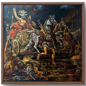 Retrato pintado al óleo original, pintura al óleo, escena dramática con guerreros y un enorme carro y caballos, arte hecho a mano, sin marco, arte de pared