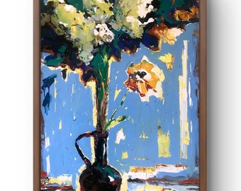 Original Floral Oil Painting: Abstract Flowers in Vase, Unframed Art