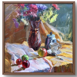 Oil painting still life original, oil painting on canvas, still life with vase of flowers, teapot, cup and apples, handmade art, unframed