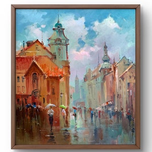 Pintura a óleo paisagem original, pintura em papelão, vida urbana paisagem, arte artesanal, natureza, sem moldura, paisagem chuvosa, arte de parede