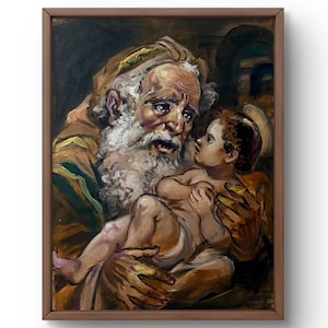 Retrato pintado al óleo original, pintura al óleo, un anciano sosteniendo tiernamente a un niño pequeño en sus brazos, arte hecho a mano, sin marco, arte de pared