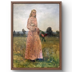 Retrato pintado al óleo original, pintura al óleo, mujer joven con vestido floral con flores de pie en campo abierto, arte hecho a mano, sin marco