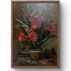 Pintura a óleo natureza morta original, pintura a óleo sobre papelão, natureza morta com flores vermelhas em um vaso decorativo, arte feita à mão, sem moldura
