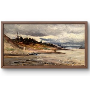 Pintura a óleo paisagem original, pintura a óleo sobre papelão, pintura de paisagem com a imagem de um rio e céu nublado, arte feita à mão