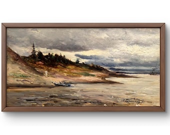 Oil painting landscape original, oil painting on cardboard, landscape painting with the image of a river and cloudy sky, handmade art