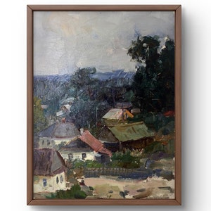 Pintura a óleo paisagem pintura a óleo original em papelão rural casas marrons paisagem arte artesanal sem moldura floresta verde arte de parede
