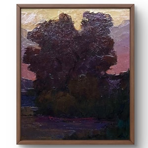 Oil painting landscape original, oil painting on cardboard, majestic tree against sunset sky, evening tones, handmade art, unframed