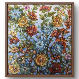 Pintura al óleo naturaleza muerta pintura al óleo original sobre cartón flores rojas, amarillas y azules arte hecho a mano naturaleza enmarcada fondo blanco arte de pared