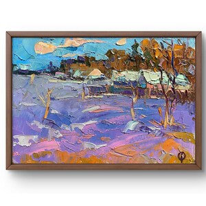 Pintura a óleo paisagem original, pintura em papelão, paisagem de inverno, arte artesanal, natureza, sem moldura, paisagem de vila, decoração de parede