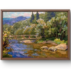 Pintura a óleo paisagem original, pintura em papelão, paisagem de rio, arte artesanal, natureza, sem moldura, paisagem de ponte, arte de parede