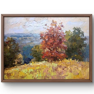 Oil painting landscape original, oil painting, autumn leaves stand out against the background of the river, handmade art, unframed