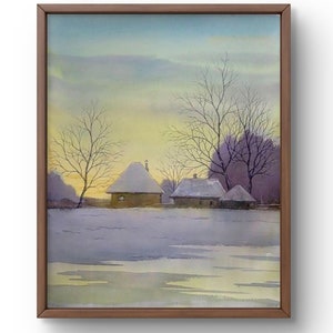 Watercolor painting landscape original, watercolor painting on paper, quiet winter evening with sunset, handmade art, unframed, wall art