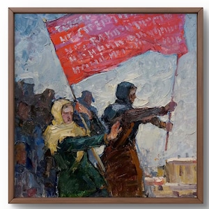 Pintura a óleo realismo social original, pintura a óleo sobre papelão, cena de manifestação, bandeira vermelha com inscrições, arte feita à mão, sem moldura