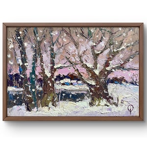 Pintura a óleo paisagem original, pintura em papelão, paisagem de inverno, arte artesanal, natureza, sem moldura, paisagem de lagoa, arte de parede