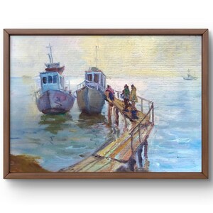 Pintura a óleo paisagem original, pintura em papelão, navios paisagem, arte artesanal, natureza, sem moldura, paisagem do mar, arte de parede