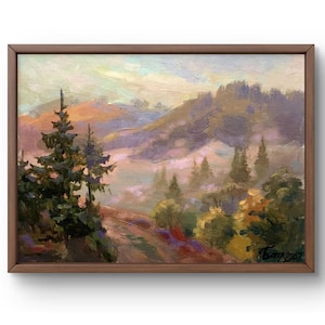 Pintura al óleo paisaje original, pintura sobre cartón, paisaje de montañas, arte hecho a mano, naturaleza, sin marco, paisaje forestal, arte de pared