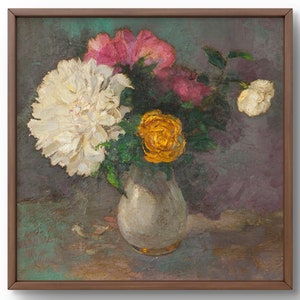 Pintura al óleo naturaleza muerta original, pintura al óleo, ramo brillante de flores en un jarrón sobre un fondo alegre, arte hecho a mano, enmarcado