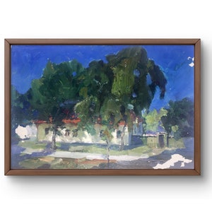 Pintura al óleo paisaje original, pintura al óleo sobre cartón, museo día soleado de verano y rodeado de árboles verdes, arte hecho a mano, sin marco