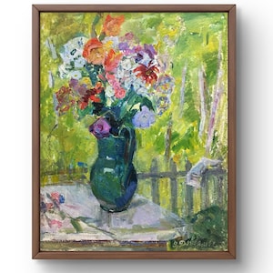 Pintura a óleo natureza morta original, pintura a óleo sobre papelão, buquê brilhante de flores em um vaso verde, arte feita à mão, sem moldura, arte de parede