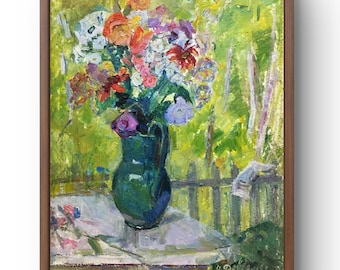 Dipinto a olio natura morta originale, dipinto a olio su cartone, luminoso mazzo di fiori in un vaso verde, arte fatta a mano, senza cornice, arte murale