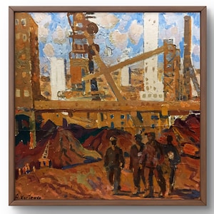 Pintura a óleo realismo social original, pintura a óleo sobre papelão, construção de casas com trabalhadores, arte feita à mão, sem moldura, arte de parede