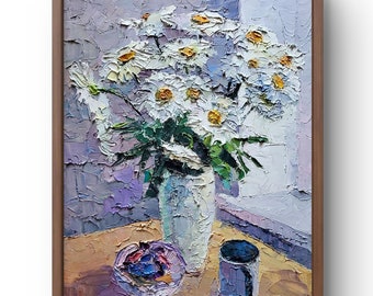 Oil painting still life original oil painting on canvas white flowers daisies handmade art unframed brown table still life wall art
