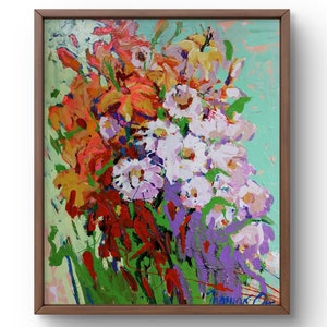 Oil painting still life original oil painting bright bouquet filled with bright flowers on a green background handmade art unframed