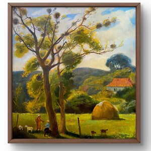 Oil painting landscape original, oil painting on cardboard, trees, field with hay and people in a rural setting, handmade art, unframed