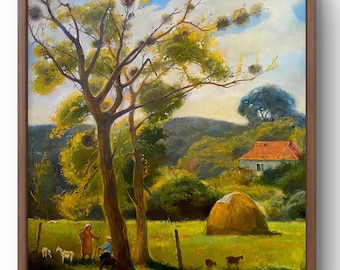 素朴な田舎の風景油絵：夏の田園風景、アートワーク8x8 - Etsy 日本