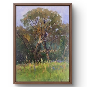 Pintura al óleo paisaje pintura al óleo original sobre cartón árbol majestuoso con flores paisaje arte hecho a mano sin marco naturaleza verde arte de pared