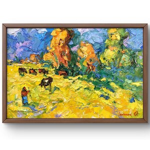 Pintura a óleo de paisagem, pintura original em papelão, paisagem de árvores, arte feita à mão, paisagem de prados sem moldura, arte de parede